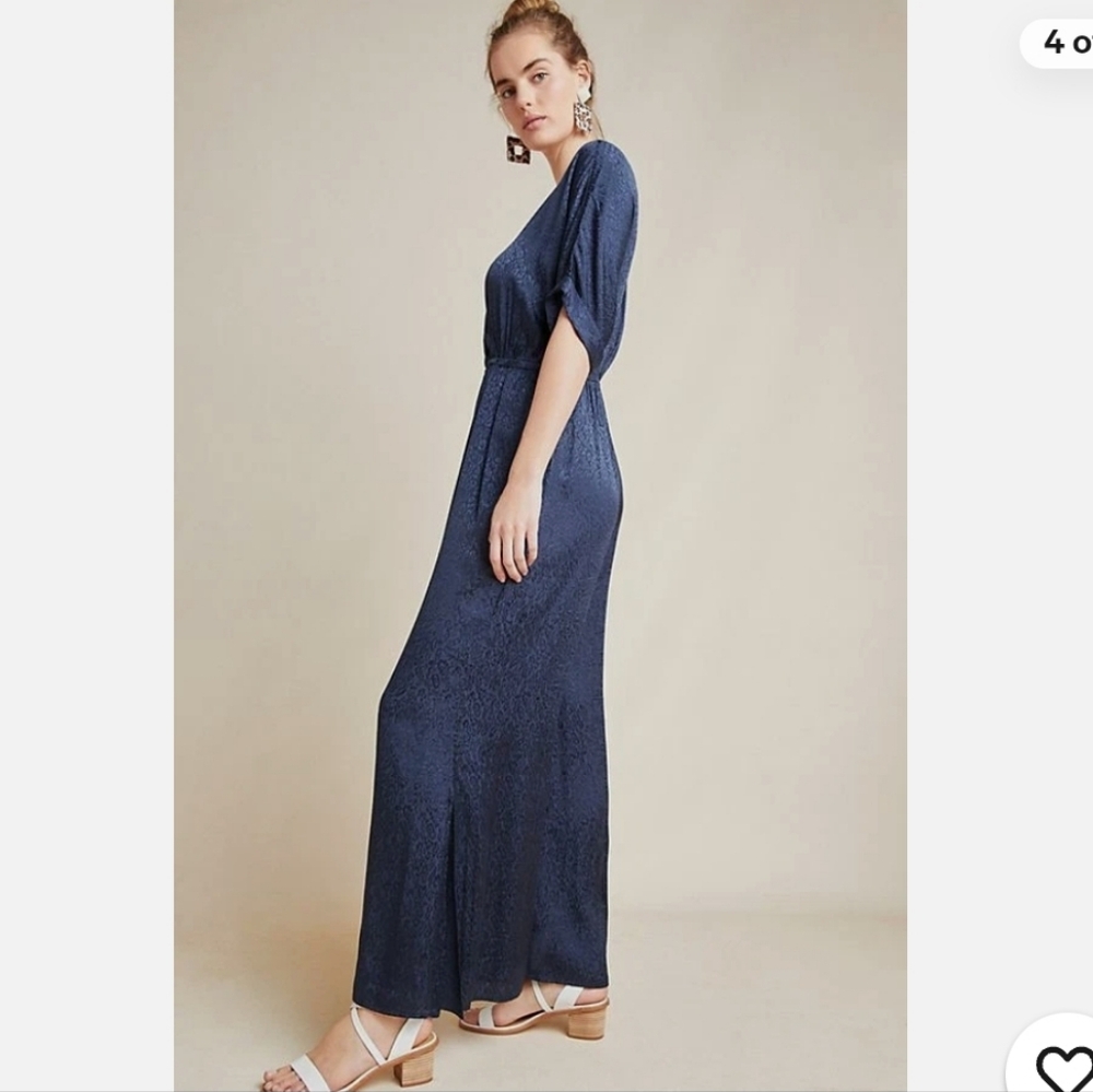 ANTHROPOLOGIE - Maeve Jacqueline Jacquard Navy Blue Jumpsuit - Picture 4 of 5